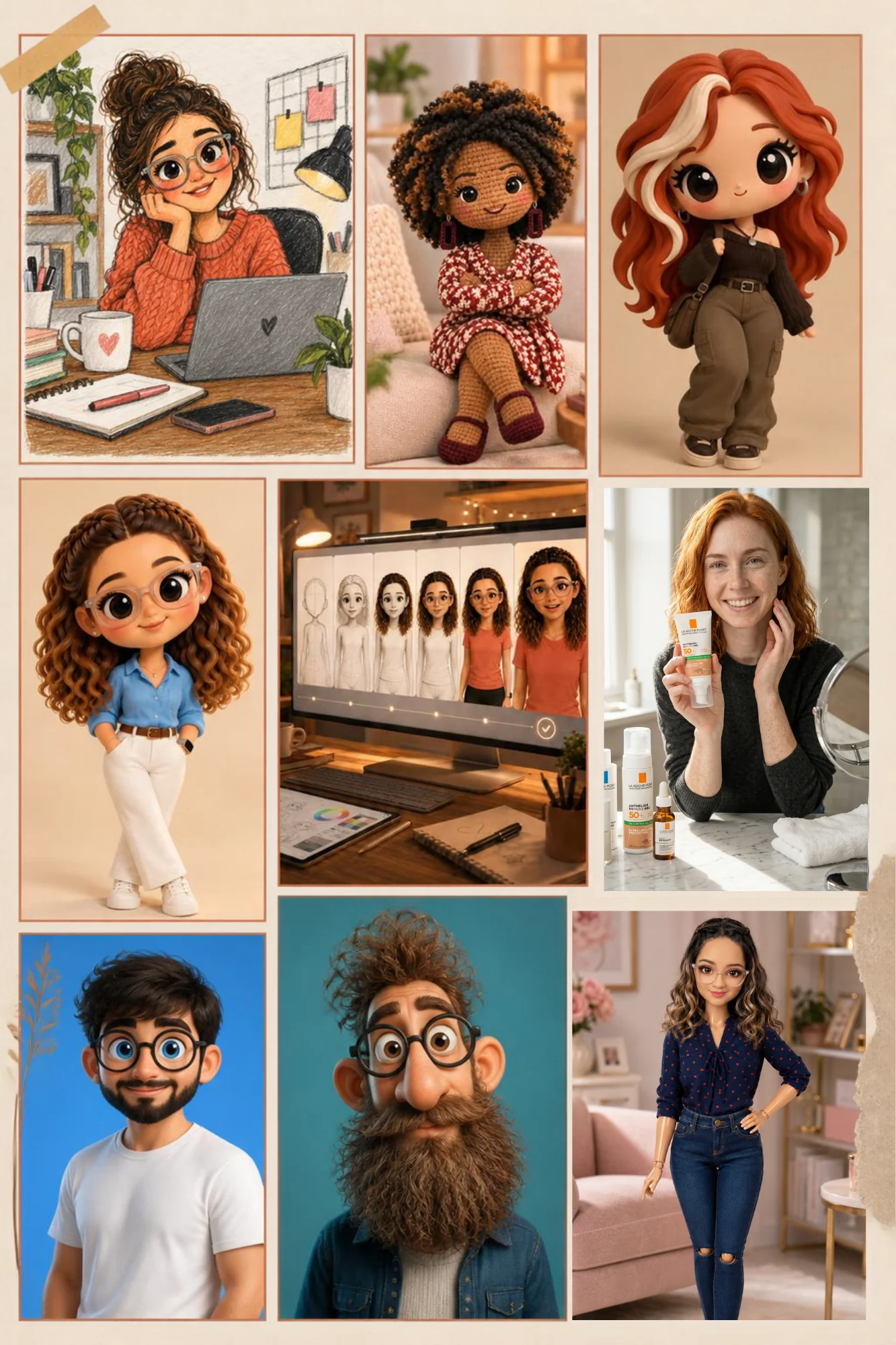 Estilos de avatar: realista, animado tipo Pixar, tejido, plastilina, porcelana y más